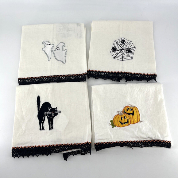 4 Halloween Tea Towels MWW Market Spider JOL Jack-o-lantern Ghost Cat Linens - Picture 1 of 13